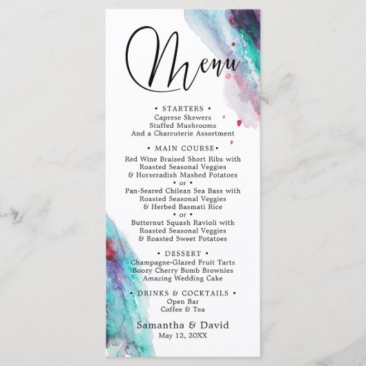 Lila Rotes Wasser Wasserfarbe Moderne Hochzeit Menükarte (Vorderseite)