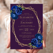 Lila Royal Blue Floral Gold Geometric Wedding Einladung
