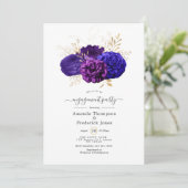 Lila, Royal Blue & Gold Floral Engagement Party Einladung (Stehend Vorderseite)