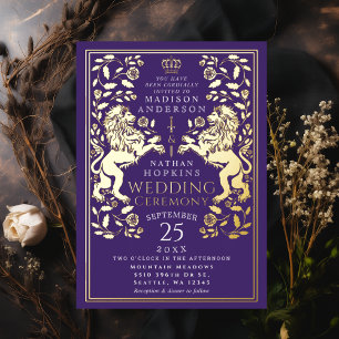 Lila Royal Lion Mittelalterliche Hochzeit Folieneinladung