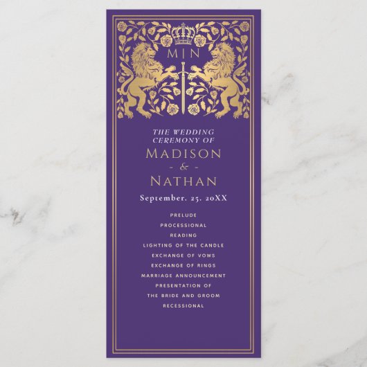 Lila Royal Lion Mittelalterliches Hochzeitsprogram Programm (Vorderseite)
