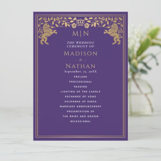 Lila Royal Lion Mittelalterliches Hochzeitsprogram Programm (Stehend Vorderseite)