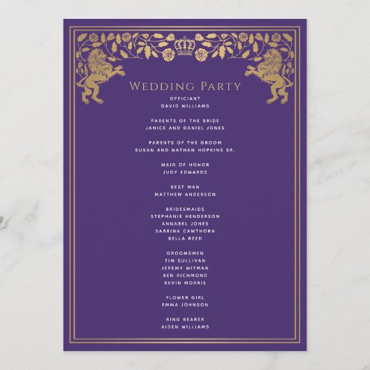 Lila Royal Lion Mittelalterliches Hochzeitsprogram Programm (Rückseite)