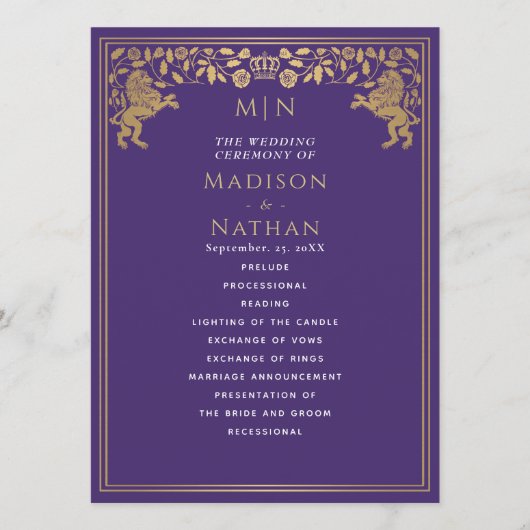 Lila Royal Lion Mittelalterliches Hochzeitsprogram Programm (Vorderseite)