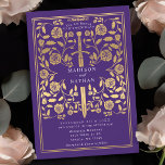 Lila Royal Mittelalterliche Goldschwerthochzeit Einladung<br><div class="desc">Set den Ton für deine mittelalterliche Fantasy-Hochzeit mit einem kühnen Einladungs-Design - ein großes Goldschwert umgeben von Blumen vor einem lila Hintergrund. Ideal für Paare,  die von einer epischen,  romantischen Feier träumen. Machen Sie Ihre Liebe von Anfang an legendär! HINWEIS: Das Gold in diesem Design ist KEINE echte Folie.</div>
