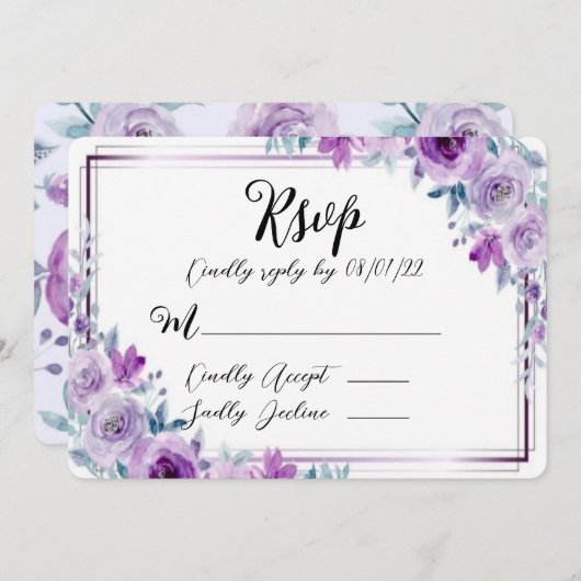 Lila RSVP-Karten für Wasserfarbenpeony Einladung (Vorne/Hinten)