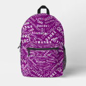 Lila Rucksack mit mehrsprachigen Dankesworten (Vorderseite)