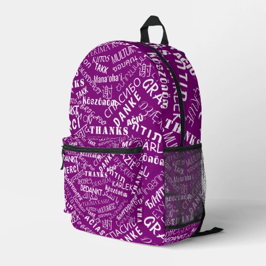 Lila Rucksack mit mehrsprachigen Dankesworten (Rückseitige Ecke Rechts)