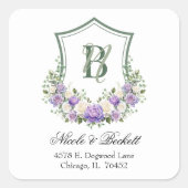 Lila Rücksendeadresse mit weißem Wappen Quadratischer Aufkleber (Vorderseite)