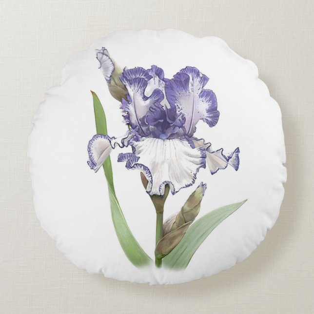 Lila Ruffled Iris Rundes Kissen (Vorderseite)