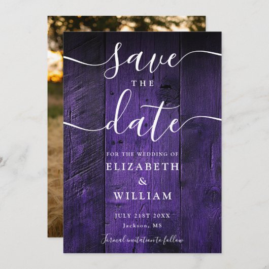 Lila Rustikale Barnholz Boho Chic Foto Hochzeit Save The Date (Vorne/Hinten)