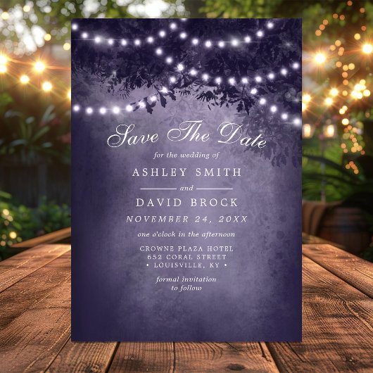Lila Rustikale Baum-Lichterkette Save-the-Date Save The Date