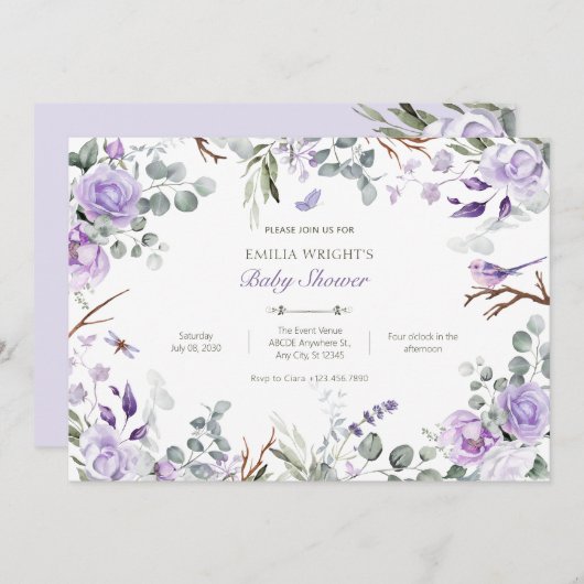 Lila rustikale Blume Babydusche Einladung (Vorne/Hinten)