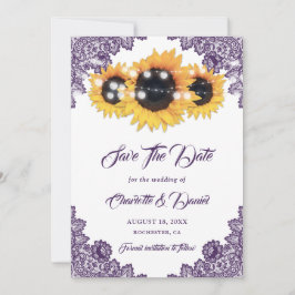 Lila Rustikale Blumen-Spitze-Sonnenblumen-Hochzeit Save The Date