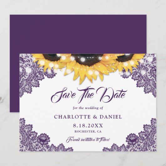 Lila Rustikale Blumen-Spitzen-Sonnenblumen-Hochzei Save The Date (Vorne/Hinten)