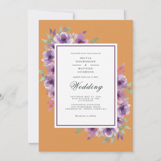 Lila Rustikale Blumige Hochzeit Einladung (Vorderseite)