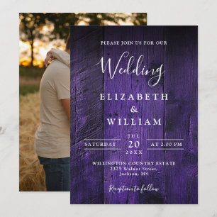 Lila Rustikale Boho Barn Wood Foto Hochzeit Einladung