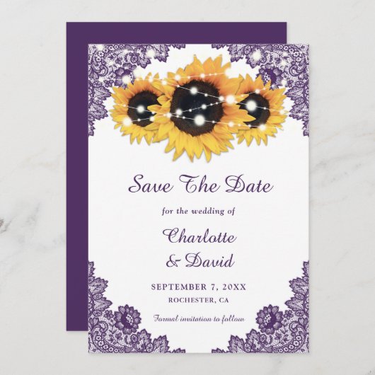 Lila Rustikale Chic Lace Sonnenblume Save The Date (Vorne/Hinten)