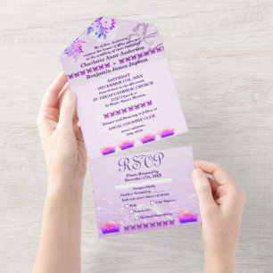Lila rustikale florale Hochzeitseinladung All In One Einladung