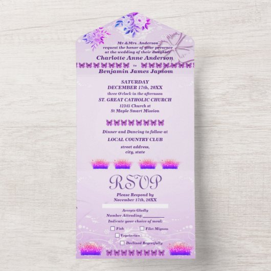 Lila Rustikale Hochzeitsfeier All In One Einladung (Innen Boden)