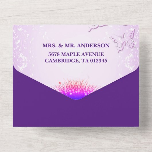 Lila Rustikale Hochzeitsfeier All In One Einladung (Rückseite)