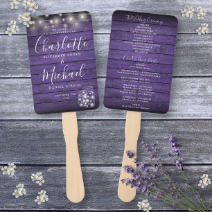 Lila Rustikale Holz-Lichterkette Hochzeitsprogramm Fächer