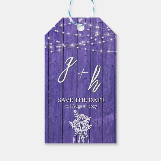 Lila rustikale Holz String Lights Boho Mason Jar Geschenkanhänger (Vorderseite)