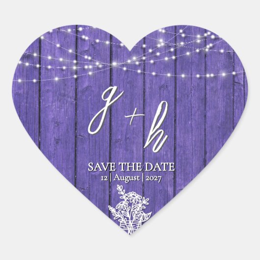 Lila rustikale Holz String Lights Boho Mason Jar Herz-Aufkleber (Vorderseite)