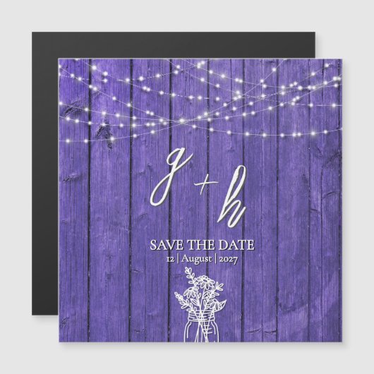 Lila rustikale Holz String Lights Boho Mason Jar Magnetkarte (Vorne/Hinten)