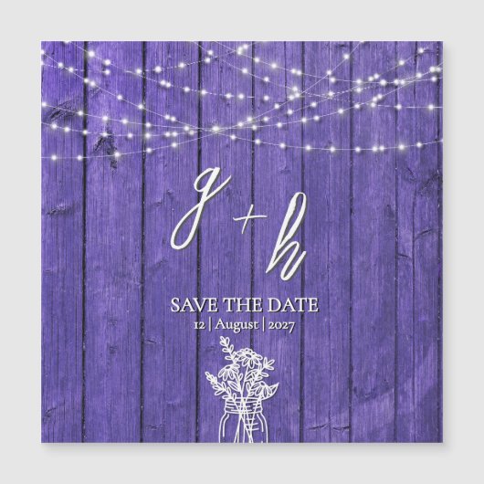 Lila rustikale Holz String Lights Boho Mason Jar Magnetkarte (Vorderseite)