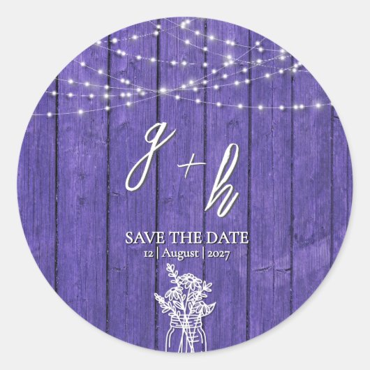 Lila rustikale Holz String Lights Boho Mason Jar Runder Aufkleber (Vorderseite)