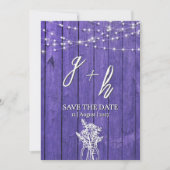 Lila rustikale Holz String Lights Boho Mason Jar Save The Date (Vorderseite)