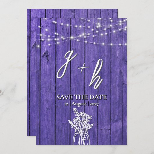 Lila rustikale Holz String Lights Boho Mason Jar Save The Date (Vorne/Hinten)