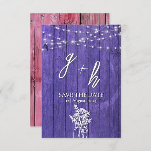 Lila rustikale Holz String Lights Boho Mason Jar Save The Date (Vorne/Hinten)