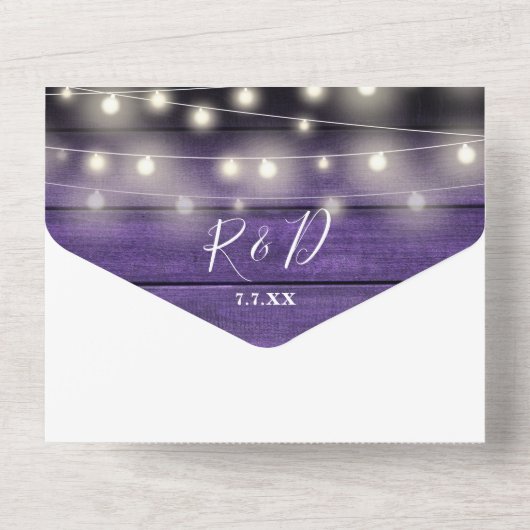 Lila Rustikale Holzsaitenblumen All In One Einladung (Rückseite)