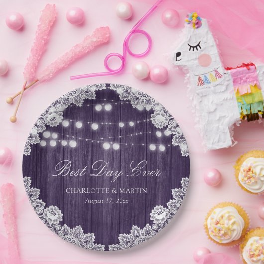 Lila Rustikale Holzwinkerneigung Pappteller (Party)