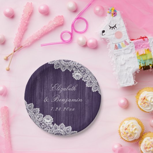 Lila Rustikale Holzwinkerneigung Pappteller (Party)