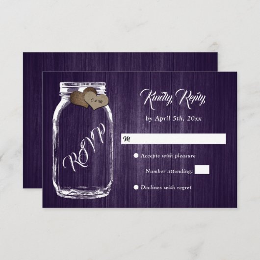Lila rustikale Land Holz Herz Mason Jar Hochzeit RSVP Karte (Vorne/Hinten)