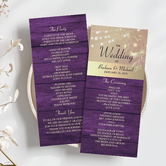 Lila Rustikale Lichterketten Hochzeitsprogramm Programm