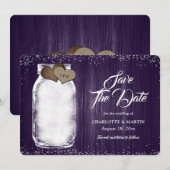 Lila rustikale Mason Jar String Lights Wood Weddin Save The Date (Vorne/Hinten)