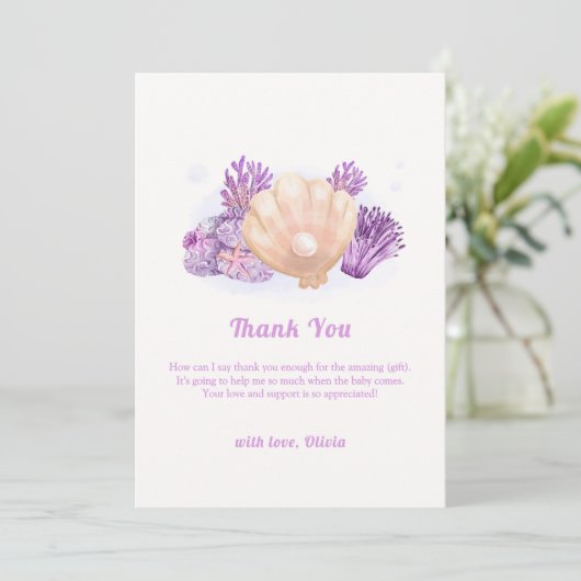 Lila Rustikale Pearl Seashell Baby Dusche Dankeskarte (Stehend Vorderseite)