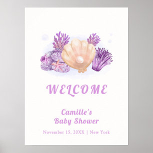 Lila Rustikale Pearl Seashell Baby Dusche Willkomm Poster