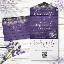 Lila rustikale QR Code Mason Jars Lights Hochzeit All In One Einladung