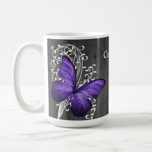 Lila rustikale Schmetterling Personalisierte Kaffe Kaffeetasse (Links)