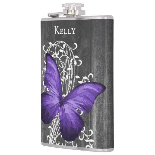 Lila Rustikale Schmetterlingsflasche Personalisier Flachmann (Links)