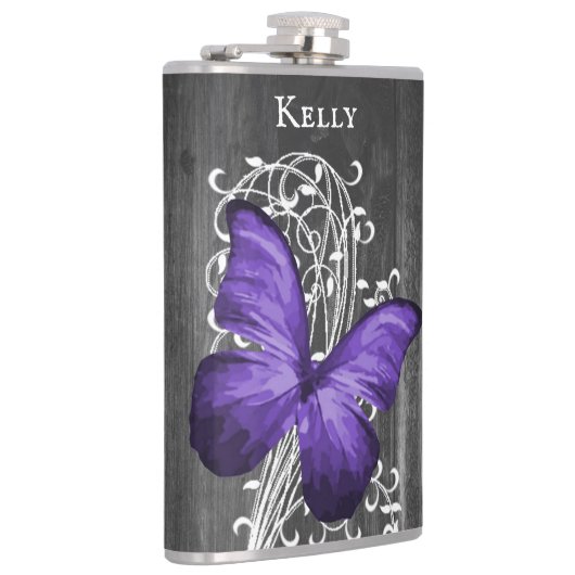 Lila Rustikale Schmetterlingsflasche Personalisier Flachmann (Rechts)