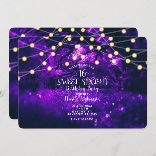 Lila rustikale, verzauberte Waldlichter Süß 16 Einladung (Vorne/Hinten)