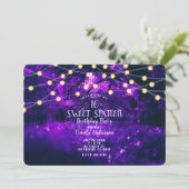 Lila rustikale, verzauberte Waldlichter Süß 16 Einladung (Stehend Vorderseite)