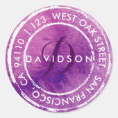 Lila Rustikale Wasserfarbenmonogramm | Round Addre Runder Aufkleber (Vorderseite)