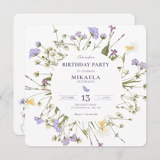 Lila rustikale Wildblumen Einladung (Vorne/Hinten)